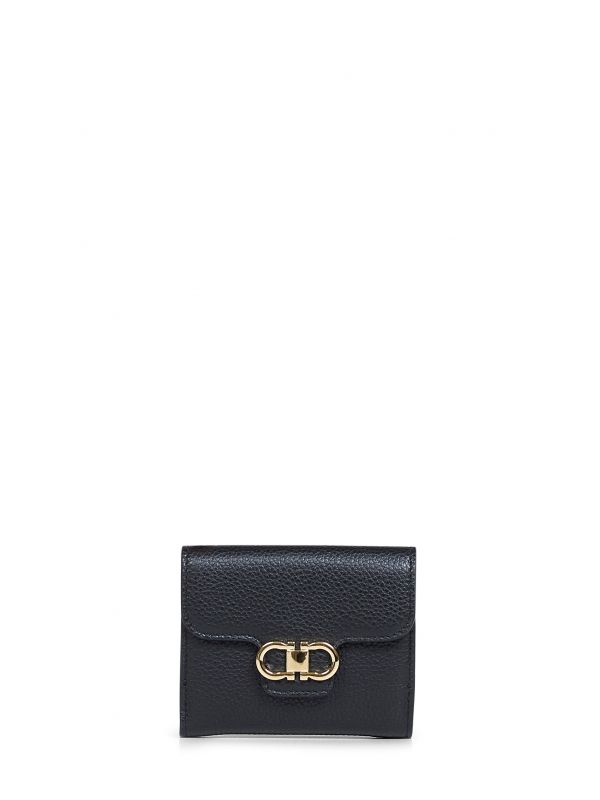  Ferragamo Ferragamo | Black Hammered Calfskin Leather Gancini Compact Wallet | Women | Pz 