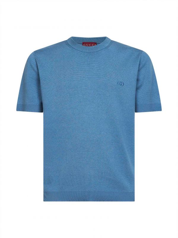  Gucci Gucci | Dusty Blue Cotton Embroidered Sweater | Man | S 
