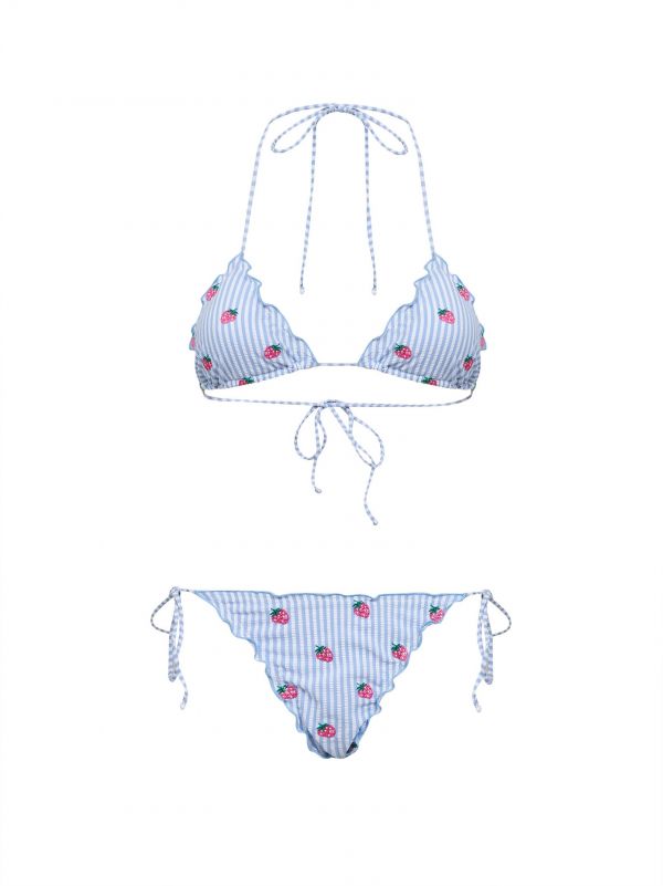  Mc2 Saint Barth Mc2 Saint Barth | Light Blue And White Striped Seersucker Sagitami Triangle Bikini With Strawberry Embroidery | Women | Xl 