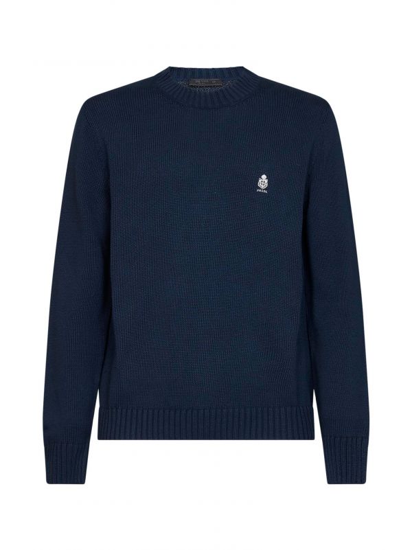  Prada Abbigliamento Prada Abbigliamento | Blue Cotton Embroidered Crewneck Sweater | Man | 48 