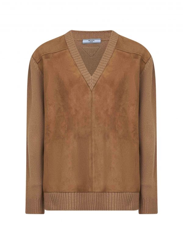  Prada Abbigliamento Prada Abbigliamento | Camel Wool Blend And Suede Sweater | Women | 38 