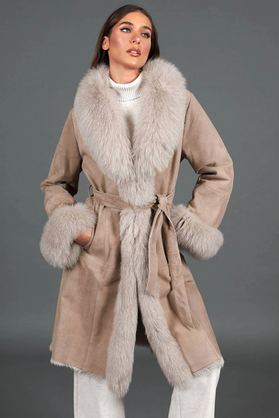  D'arienzo Beige Lamb Shearling Coat With Fox Fur Edges 