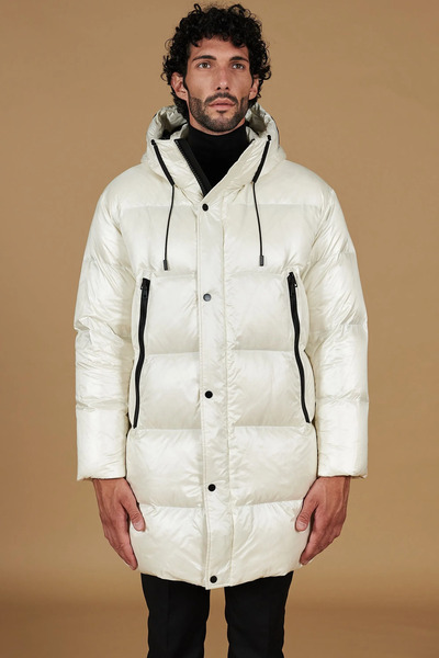  D'arienzo Beige Long Jacket In Real Down That Can Be Folded Up Into A Backpack 
