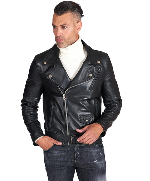  D'arienzo Black Belted Lamb Leather Biker Jacket Smooth Effect 