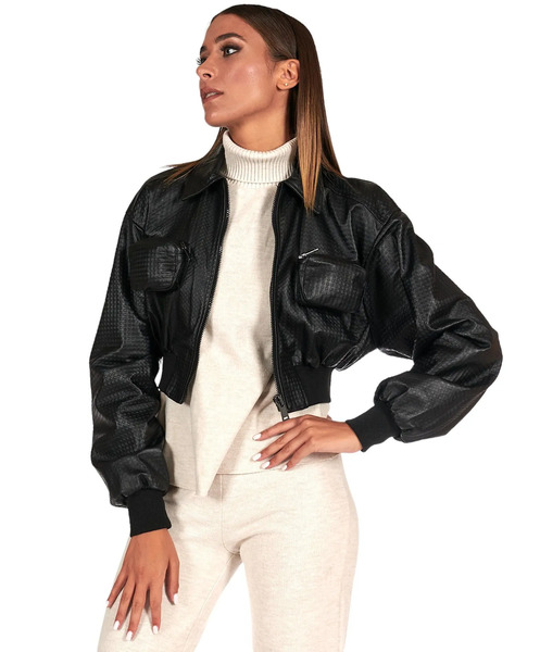  D'arienzo Black Bomber Jacket In Embossed Leather Short Version 