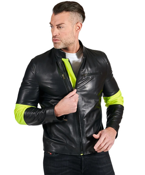  D'arienzo Black Lamb Leather Biker Jacket With Fluo Leather Inserts 