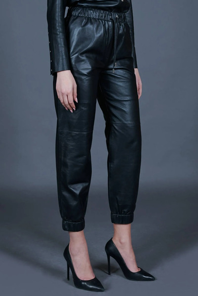  D'arienzo Black Leather Trousers Joggers Unlined Pant 