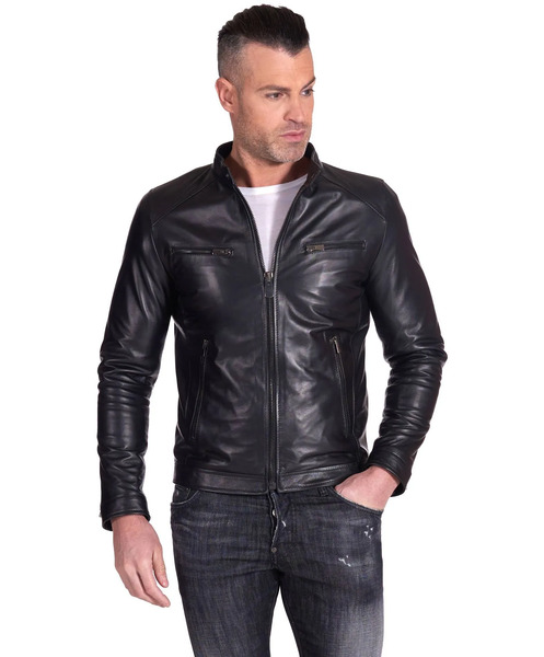  D'arienzo Black Nappa Lamb Leather Biker Jacket Four Zipper Pockets 