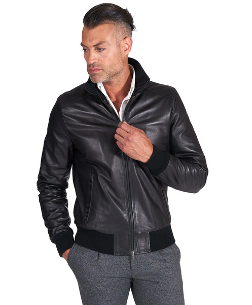  D'arienzo Black Nappa Lamb Leather Bomber Jacket 