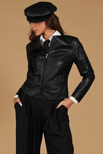  D'arienzo Black Nappa Lamb Leather Jacket Round Collar 