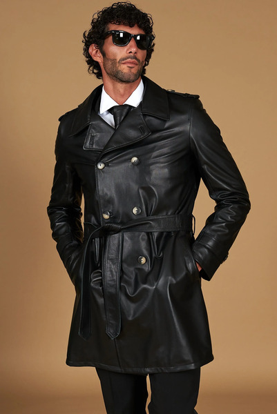  D'arienzo Black Nappa Leather Coat Double-breasted With Belt 
