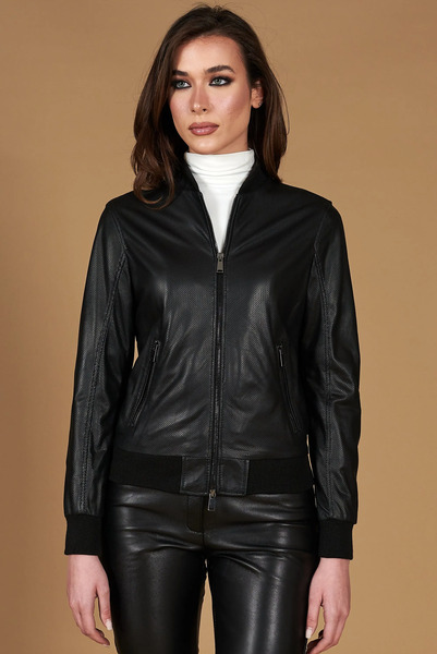  D'arienzo Black Perforated Lamb Leather Bomber Jacket 