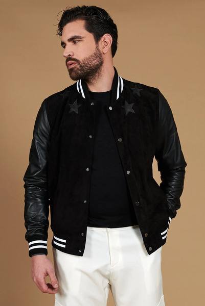  D'arienzo Black Suede Leather Varsity Bomber Jacket With Bicolor Elastic Rib 