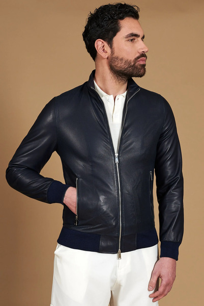  D'arienzo Blue Bomber Jacket In Perforated Leather With Matching Elastic Band 