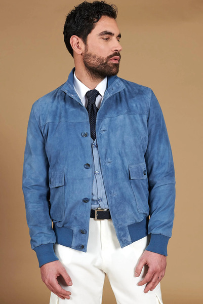  D'arienzo Blue Denim Suede Lamb Leather Bomber Jacket With Buttons 