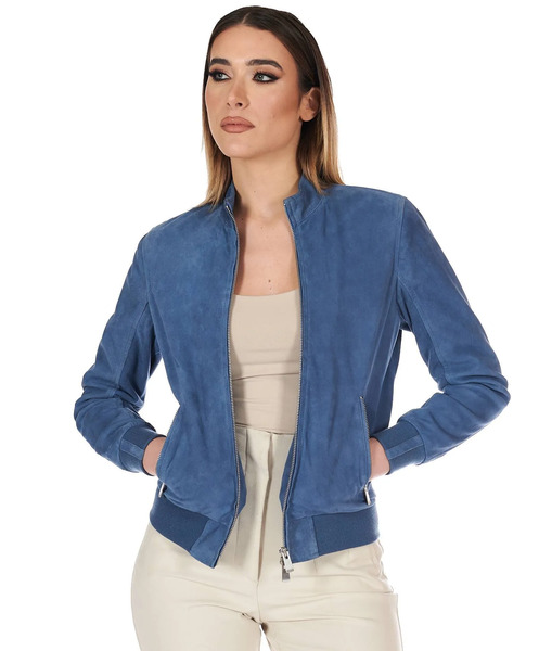  D'arienzo Blue Denim Suede Leather Bomber Jacket Korean Collar 