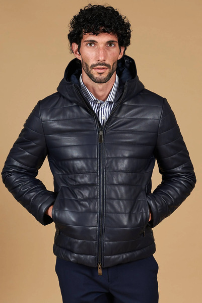  D'arienzo Blue Hooded Nappa Lamb Leather Puffer Jacket 