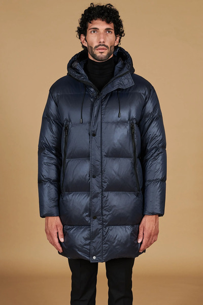  D'arienzo Blue Long Jacket In Real Down That Can Be Folded Up Into A Backpack 
