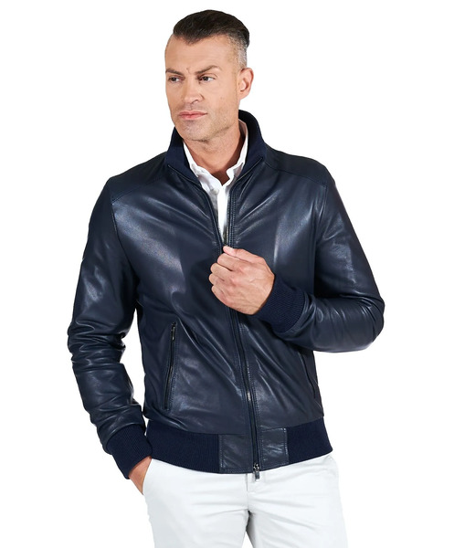  D'arienzo Blue Nappa Lamb Leather Bomber Jacket 