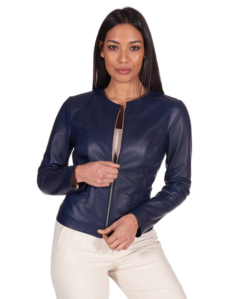 D'arienzo Blue Nappa Lamb Leather Jacket Round Collar 