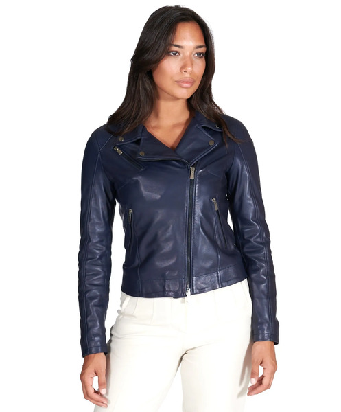  D'arienzo Blue Natural Lamb Leather Biker Jacket Cross Zipper 