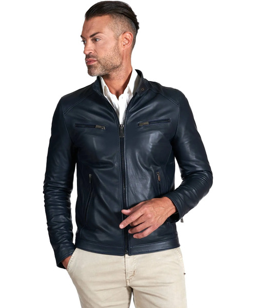  D'arienzo Blue Navy Nappa Lamb Leather Biker Jacket Smooth Effect 