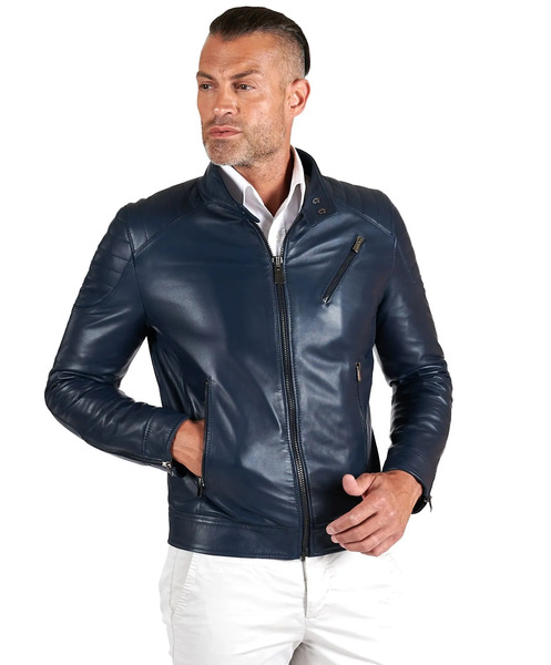  D'arienzo Blue Quilted Lamb Leather Biker Jacket Three Zipper Pockets 