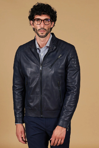  D'arienzo Blue Quilted Lamb Leather Biker Jacket Three Zipper Pockets 