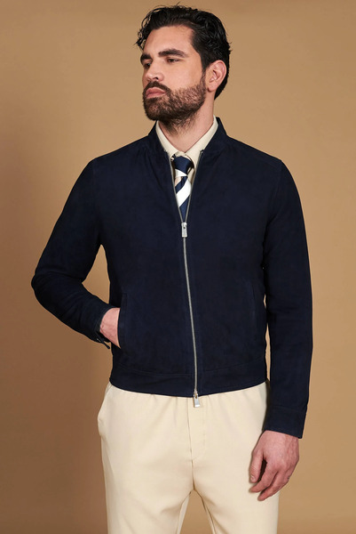  D'arienzo Blue Suede Lamb Leather Jacket Zipper Closure 