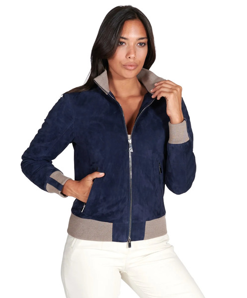  D'arienzo Blue Suede Leather Bomber Jacket With Merino Wool Collar 