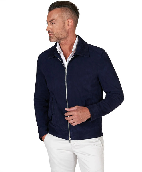  D'arienzo Blue Suede Leather Jacket With Shirt Collar Hand Stitching 