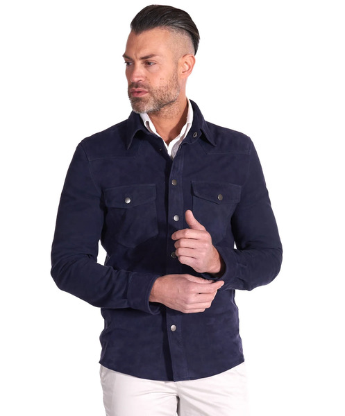  D'arienzo Blue Unlined Suede Leather Shirt With Press Buttons 