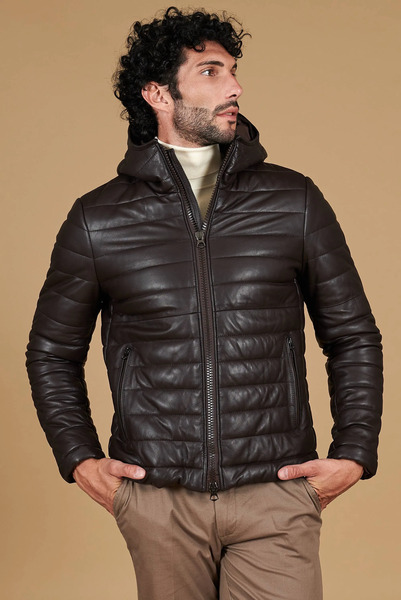  D'arienzo Brown Hooded Lamb Leather Puffer Jacket 
