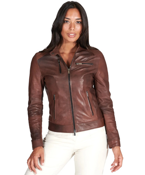  D'arienzo Brown Natural Lamb Leather Biker Jacket Four Zipper Pockets 