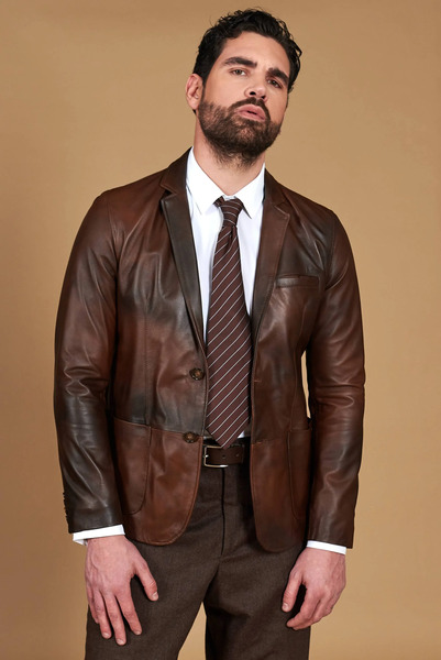 D'arienzo Brown Natural Leather Blazer Jacket With Two Buttons 