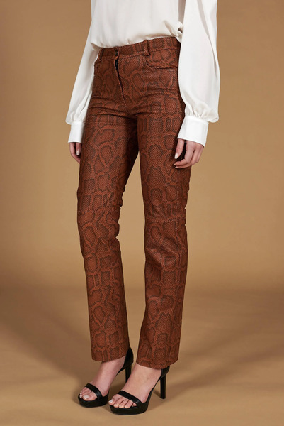  D'arienzo Brown Trousers Straight Leather Pant Python Print 