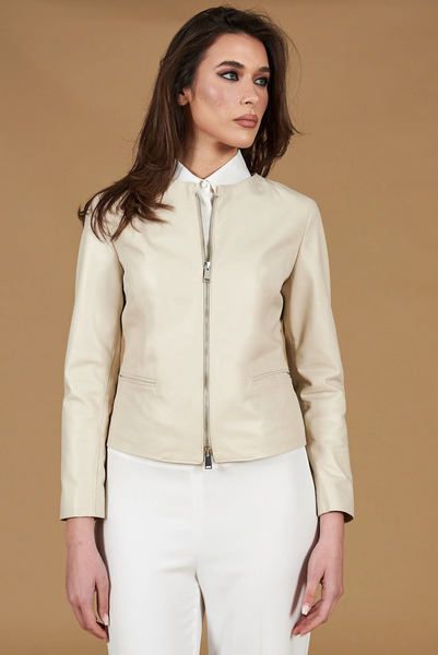  D'arienzo Cream Nappa Lamb Leather Jacket Round Collar 