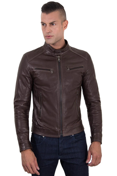  D'arienzo Dark Brown Lamb Leather Biker Jacket Four Zipper Pockets 