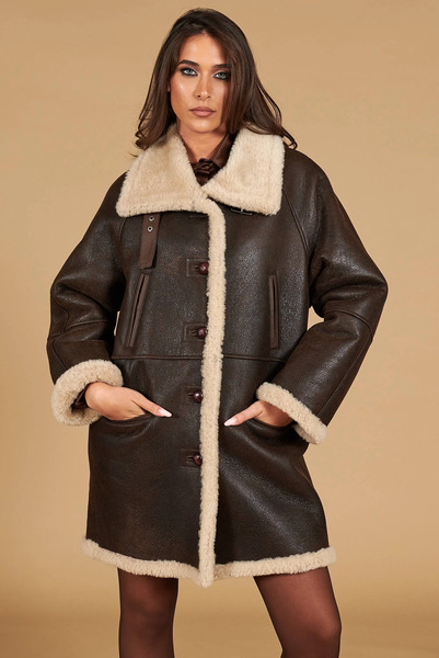  D'arienzo Dark Brown Shearling Leather Coat Shirt Collar 