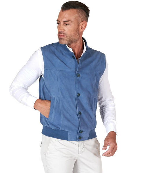  D'arienzo Denim Blue Suede Leather Vest With Buttons 