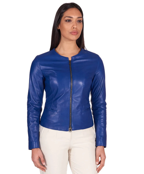  D'arienzo Electric Blue Natural Leather Jacket Round Collar Smooth Aspect 