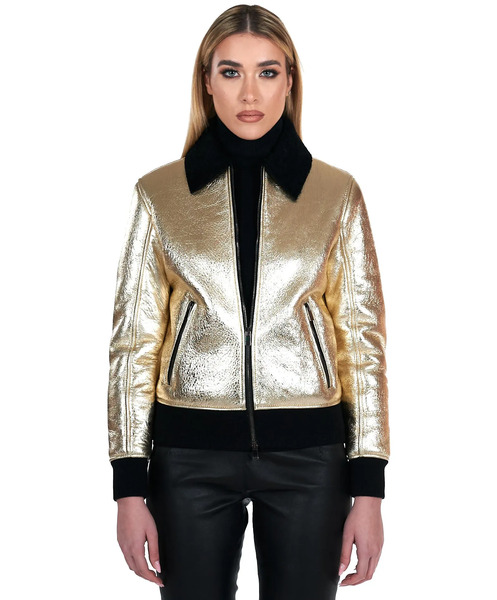  D'arienzo Gold Laminated Shearling Bomber Jacket Smooth Effect 
