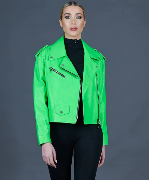  D'arienzo Green Fluo Leather Biker Jacket Short Version 