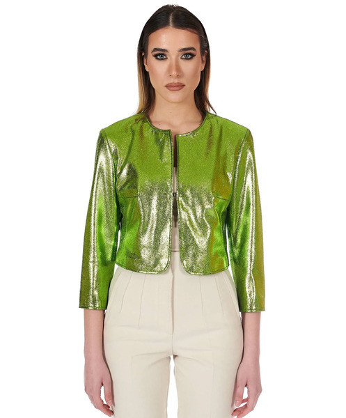  D'arienzo Green Laminated Leather Bolero Jacket Round Collar 