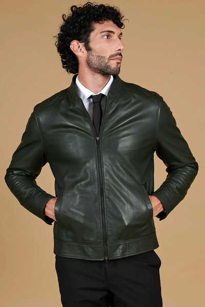  D'arienzo Green Natural Lamb Leather Jacket Central Zipper Closure 