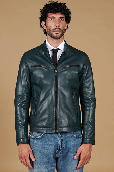  D'arienzo Green Natural Leather Biker Jacket Four Zipper Pockets 