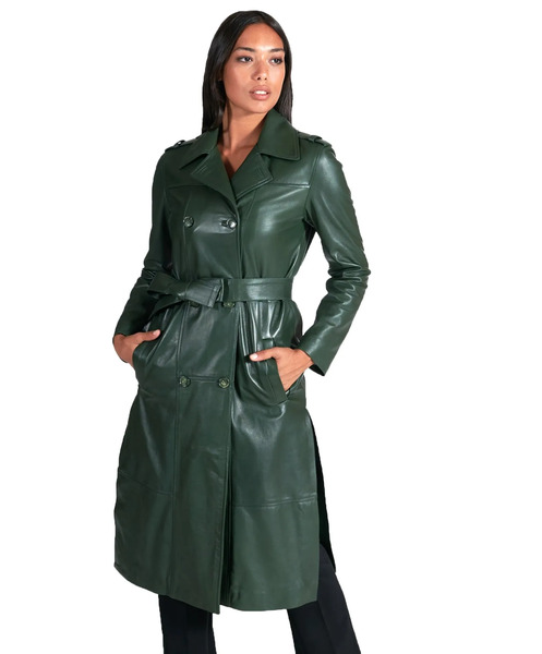  D'arienzo Green Natural Leather Double-breasted Coat Both Sides Rips 