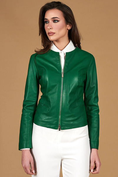  D'arienzo Green Natural Leather Jacket Round Collar Smooth Aspect 
