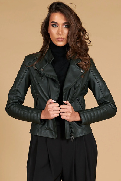  D'arienzo Green Quilted Lamb Leather Biker Jacket Smooth Effect 