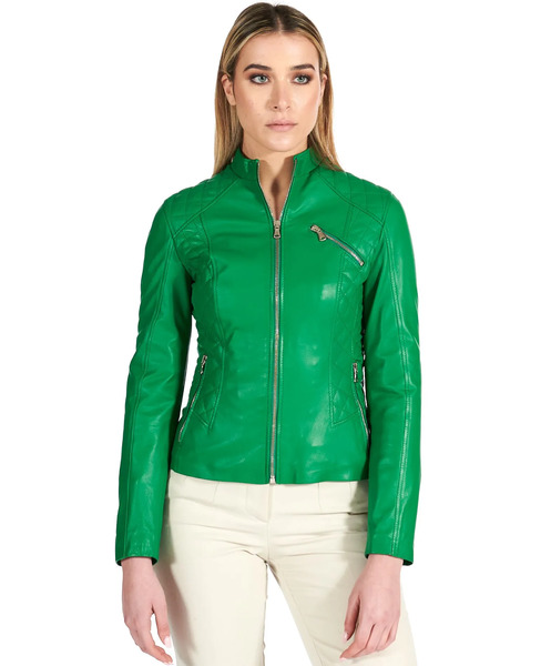  D'arienzo Green Quilted Lamb Leather Biker Jacket With Zipper Pockets 